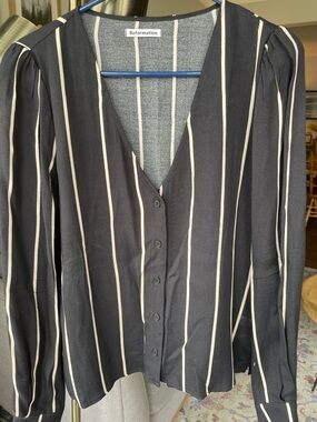 Reformation Black Blouse with Cream Vertical Stripes